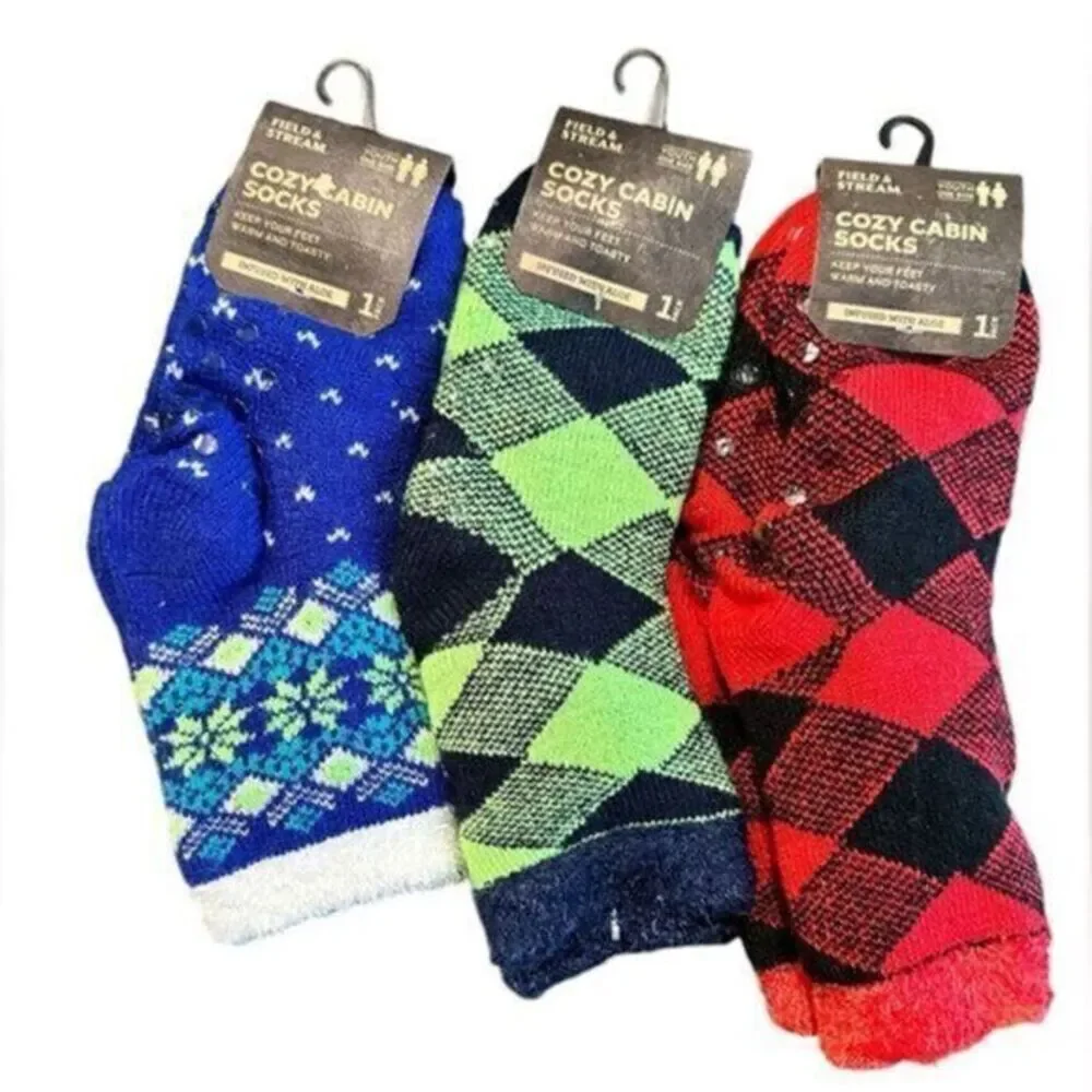 NWT Field & Stream Youth Cozy Cabin Socks - Set of 3 Blue/Red/Green Non Slip